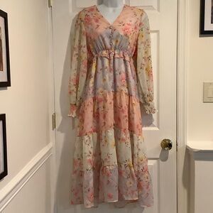 SUNDAY UP Pastel Boho Prairie Farmhouse Kentucky Derby Tiered Floral Dress S